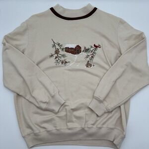 Vintage Nikki Sweatshirt Cream M Embroidered Winter Cabin Covered Bridge Cabin